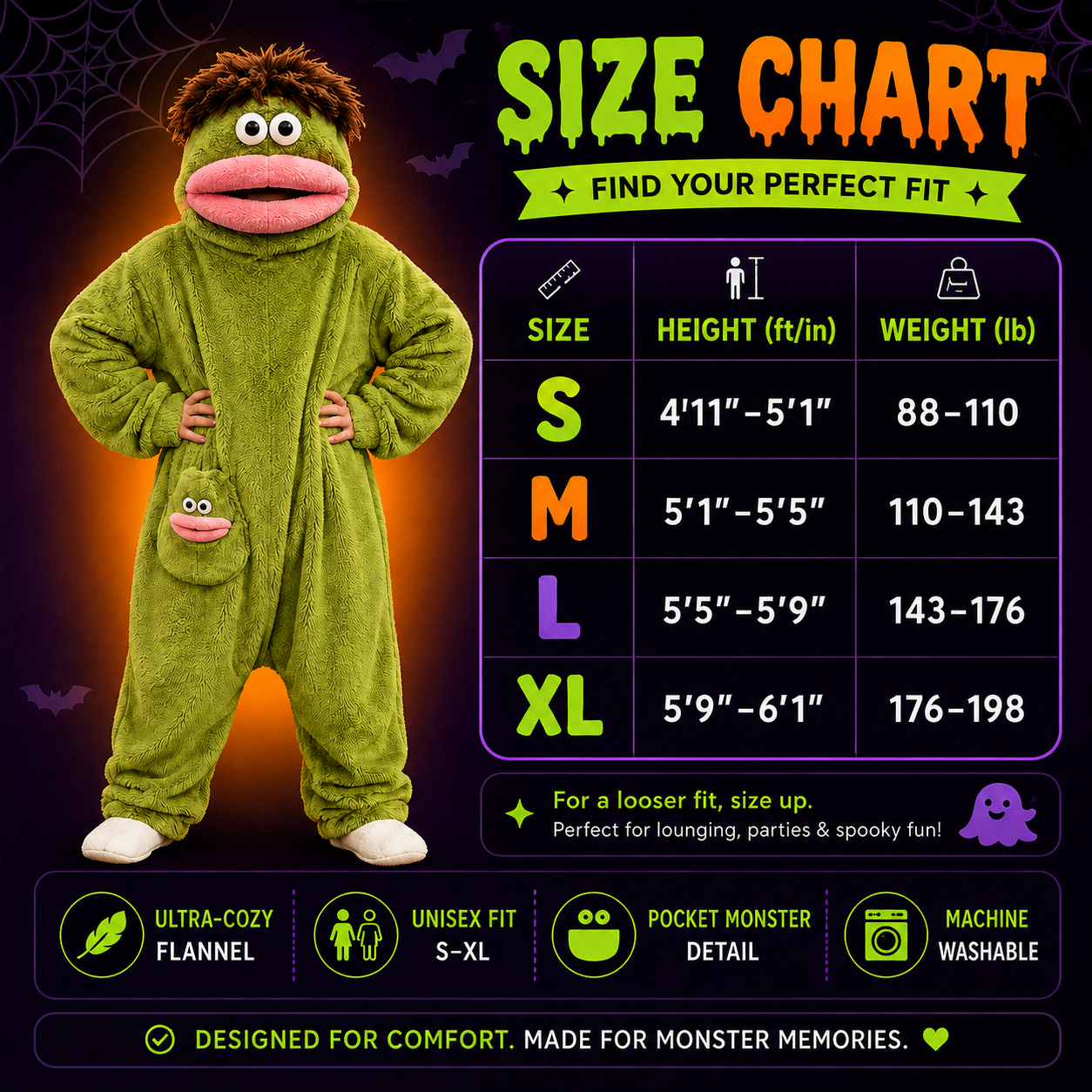 Big Mouth Monster Onesie size chart with height and weight measurements for sizes S through XL
