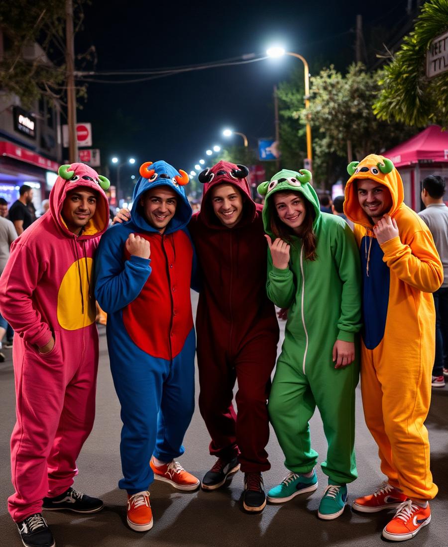 Crew of friends in different colored monster onesies