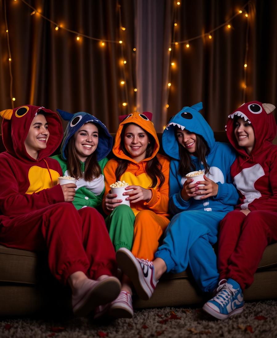 Friends in monster onesies on movie night